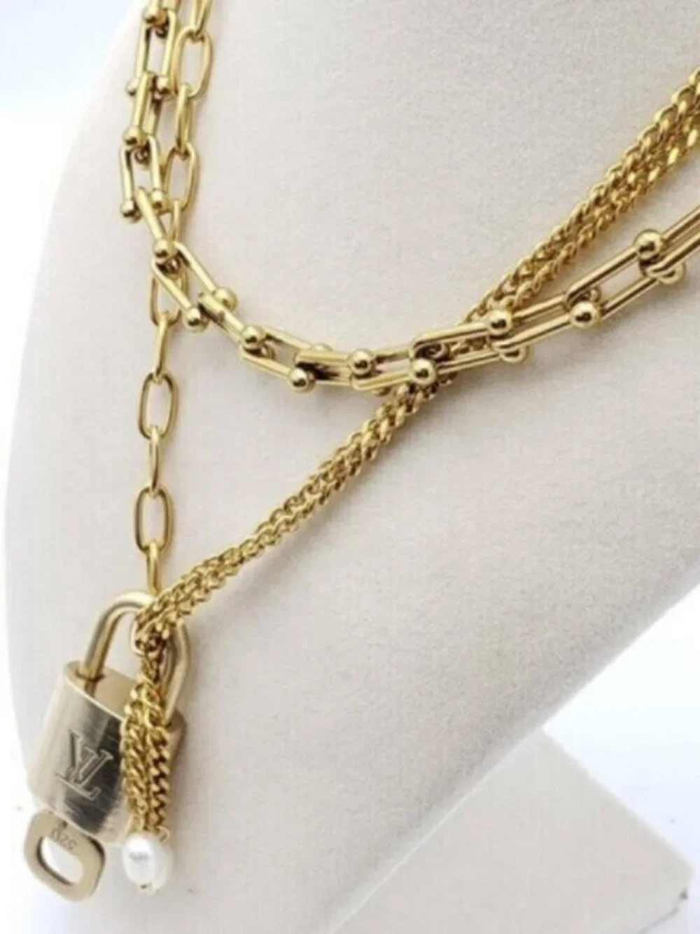 Double Chain Necklace with Authentic Louis Vuitton Padlock Pendant & Fresh Pearl